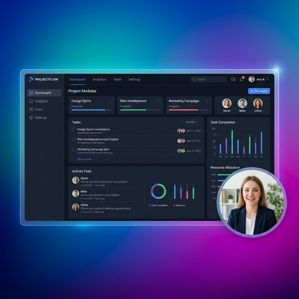 A professional dual-recording layout showing a screen recording and a circular webcam bubble