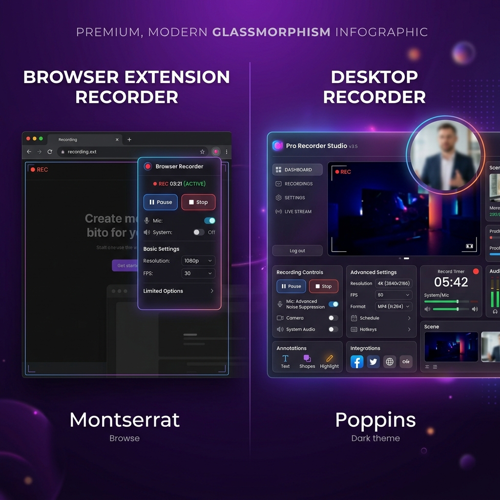 A sleek comparison graphic representing browser extension recorders vs desktop recorders. On the left side, a simple web browser extension recording overlay with basic options. On the right side, a modern application window floating on a vibrant purple gradient backdrop with a circular blurred webcam overlay.