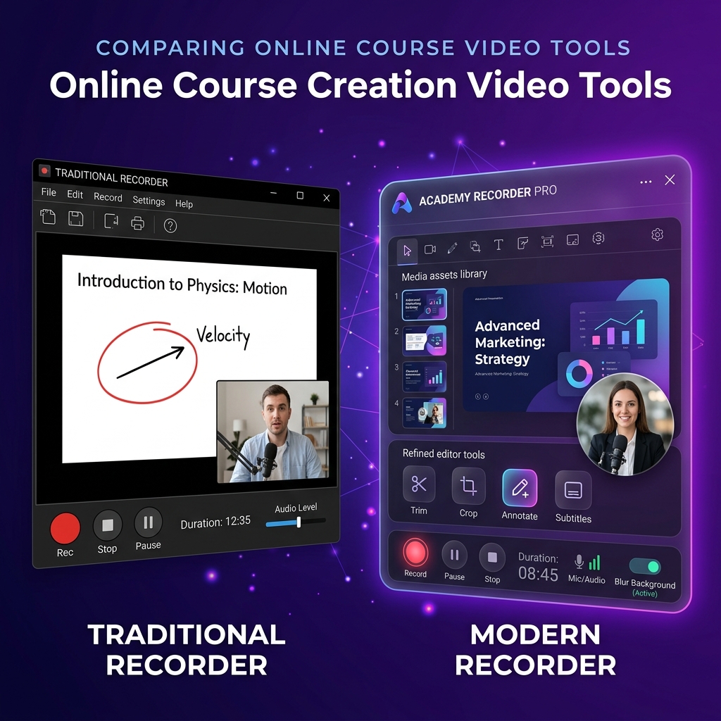 A sleek comparison graphic representing online course creation video tools. On the left side, a traditional educational recorder interface. On the right side, a modern application window floating on a vibrant purple gradient backdrop with a circular blurred webcam overlay.