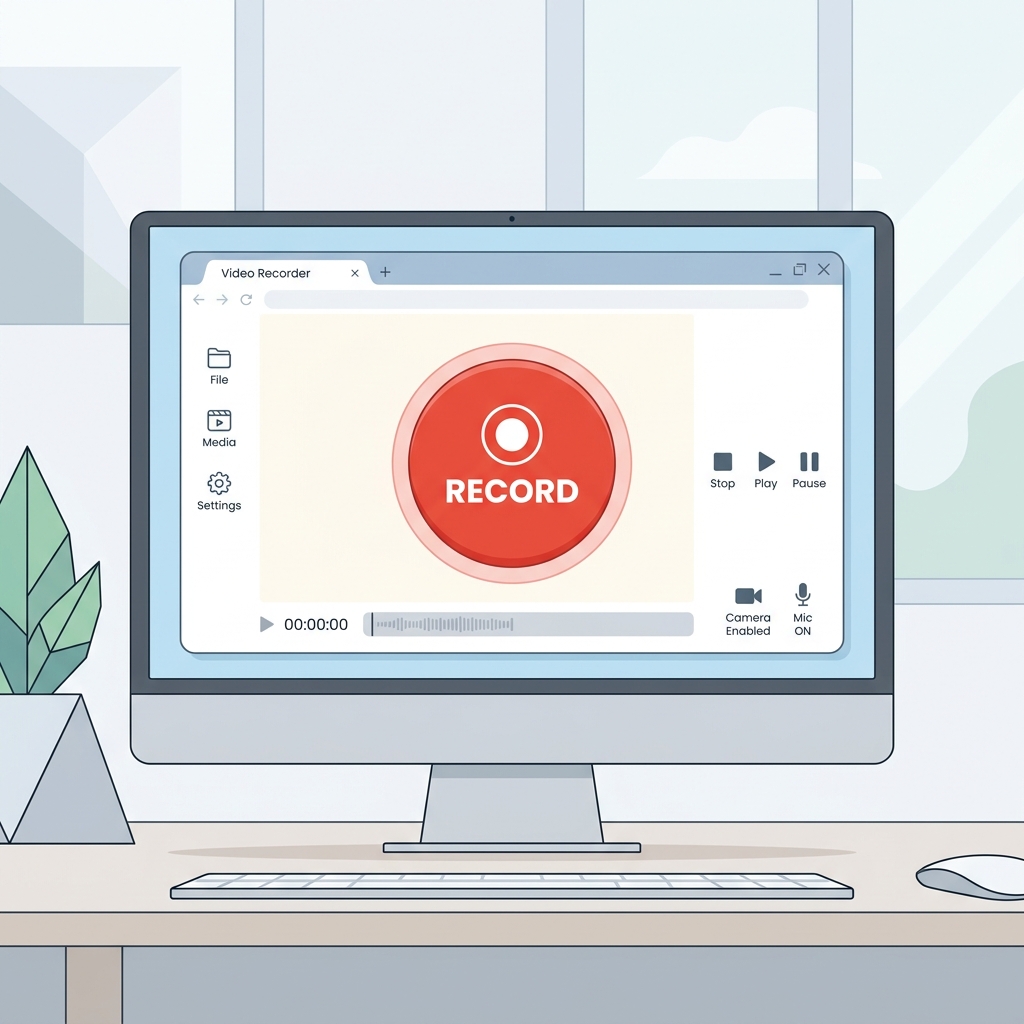 A clean, minimalist graphic of a computer screen with a prominent, friendly-looking "Record" button.