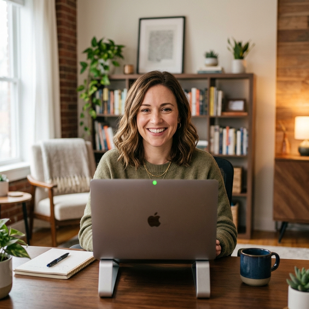 A professional person smiling warmly at a laptop webcam in a modern home office