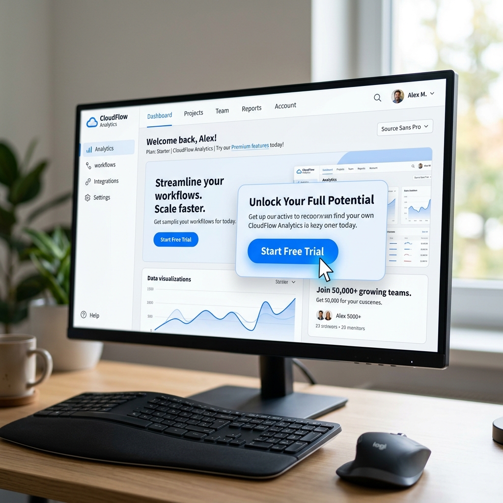 Close-up on a bright computer screen with a clear, highly visible mouse cursor smoothly hovering over a 'Start Free Trial' button