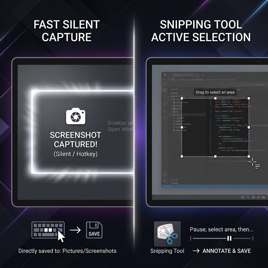 Head-to-head split comparison highlighting a silent full-screen capture on the left and a dimmed active selection overlay on the right.