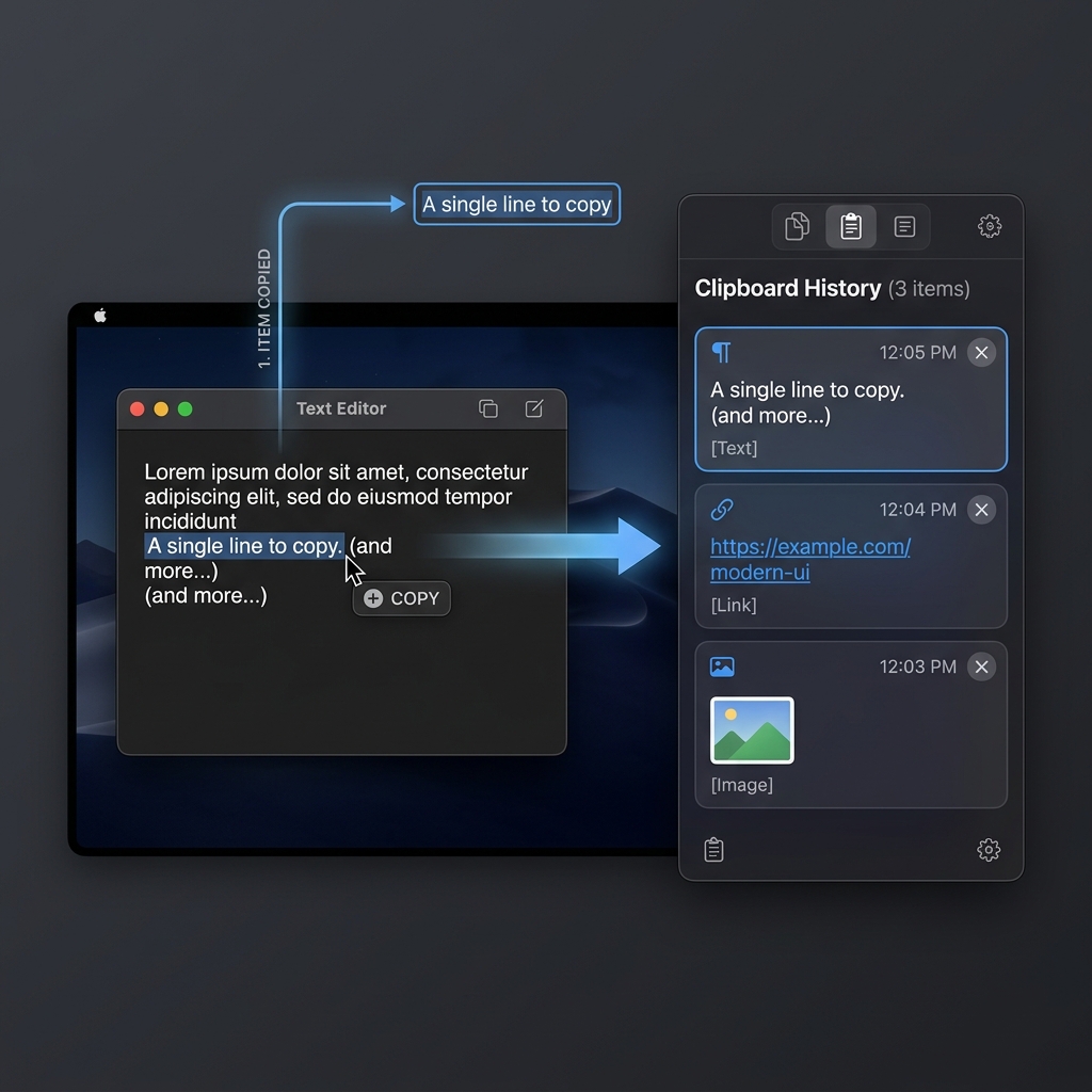 A clean graphic showing a single item being copied on a Mac, transforming into a stacked visual list of three or four different items—like a text snippet, a link, and a picture—waiting to be pasted.