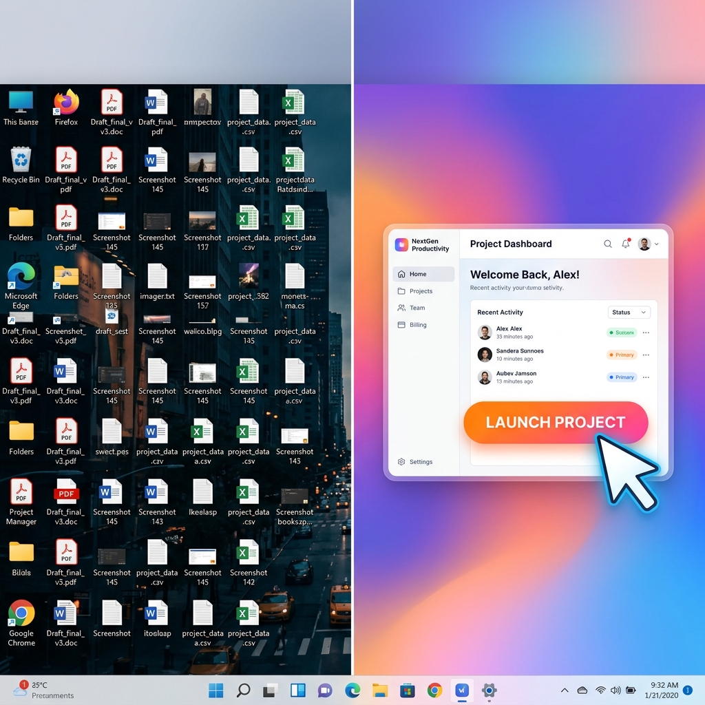 A split-screen comparison showing a wide desktop recording versus a clean, zoomed-in software interface