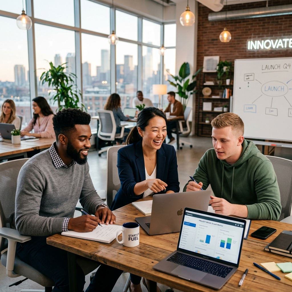 A focused startup team collaborating around a laptop in a modern co-working space