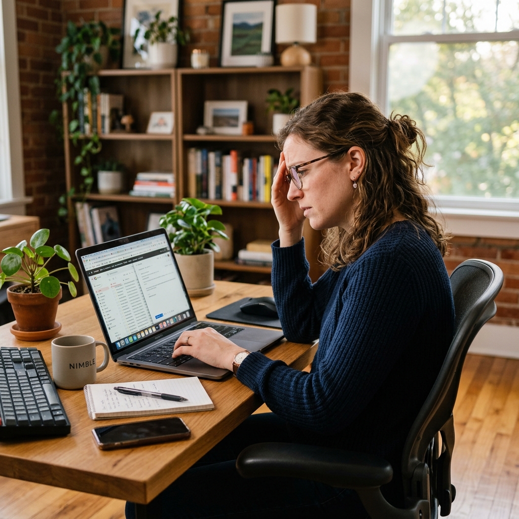 Someone looking slightly stressed working on a laptop computer with multiple open browser tabs.