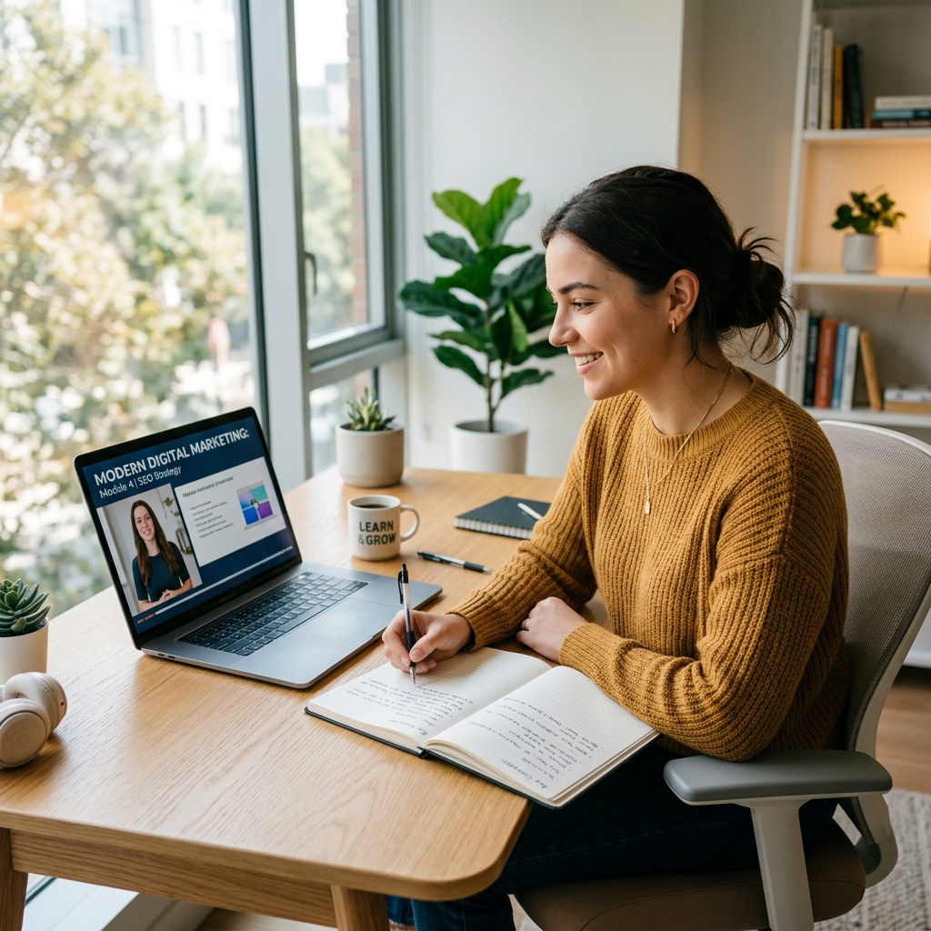 A student sitting at a desk looking engaged and taking notes while watching a video lesson