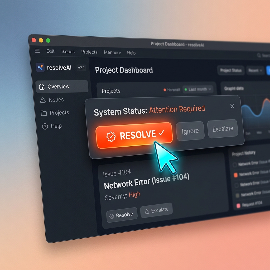 A close-up of a software interface with a smooth, highlighted mouse cursor pointing at a 'Resolve' button