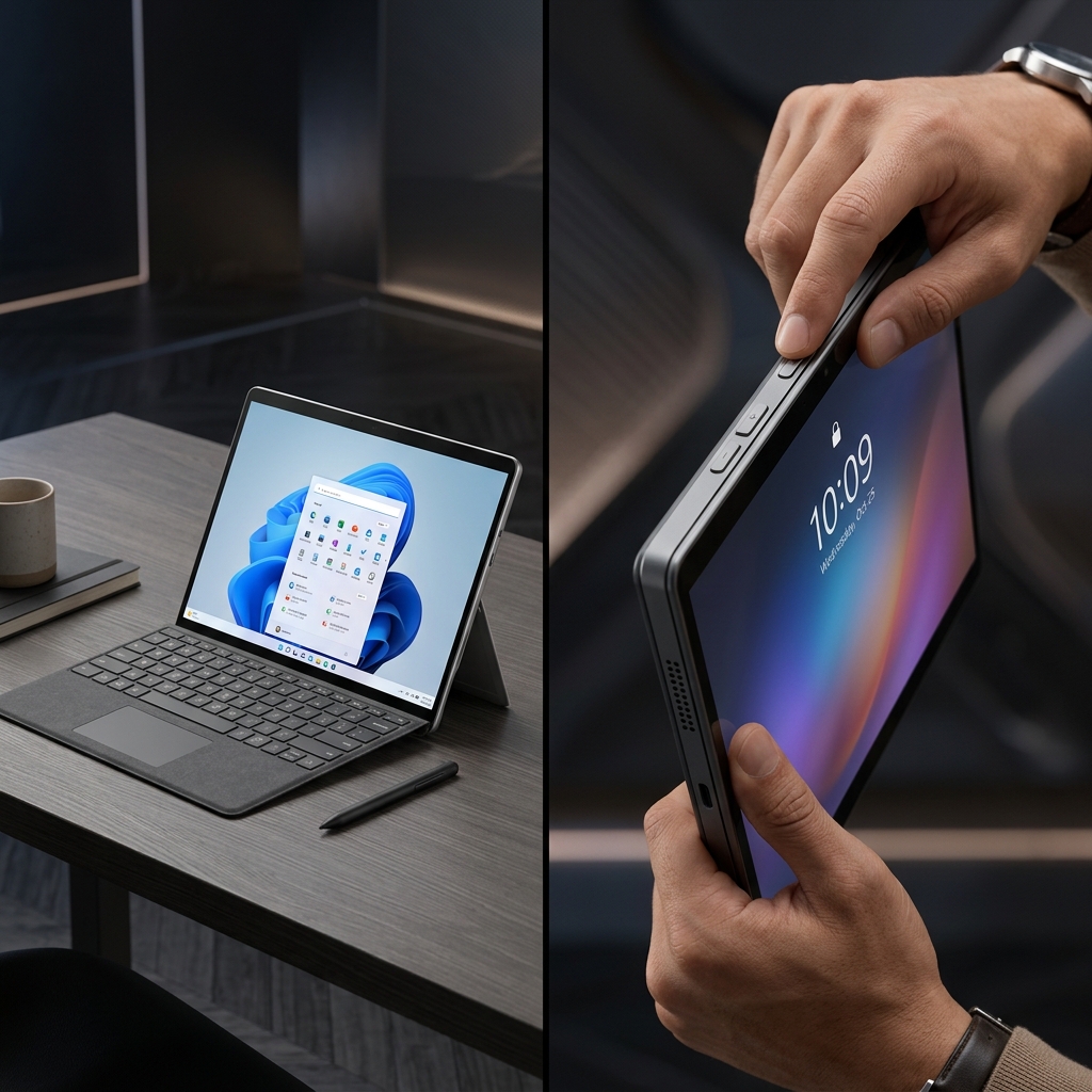 A creative workspace displaying a Surface Pro tablet and keyboard setup.