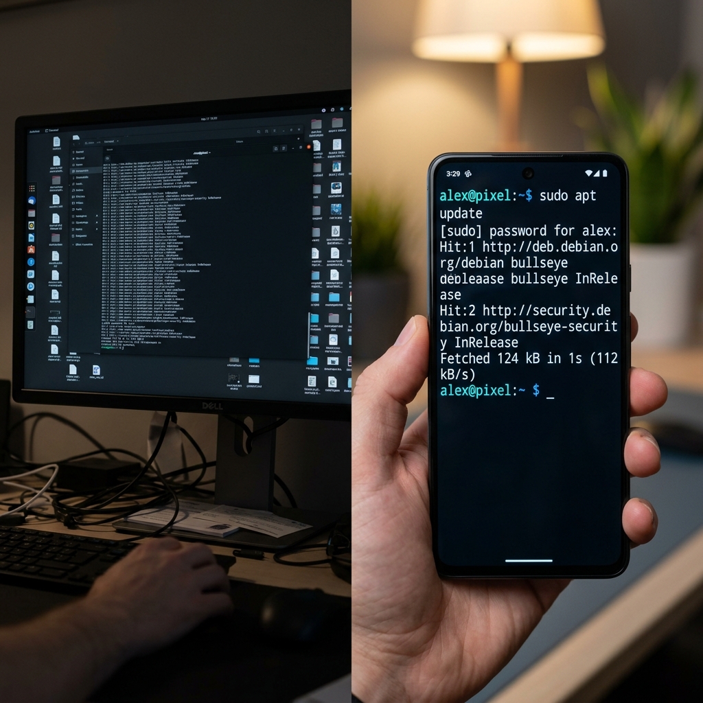 A split-screen comparison showing a dark, confusing computer screen vs a bright, crisp smartphone screen with a zoomed-in terminal