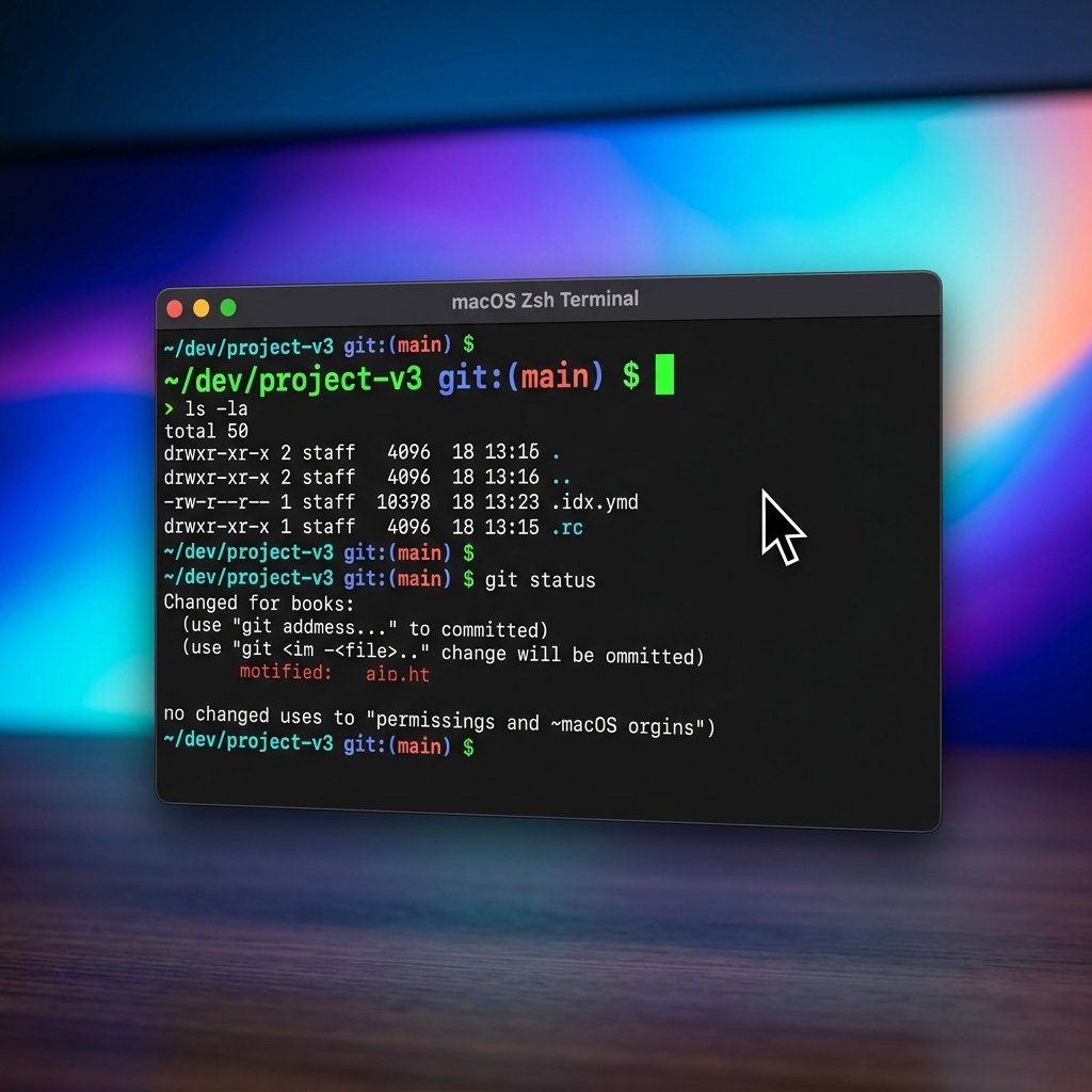 A polished studio shot of a dark-mode terminal window floating over a vibrant background, perfectly zoomed-in on a command prompt