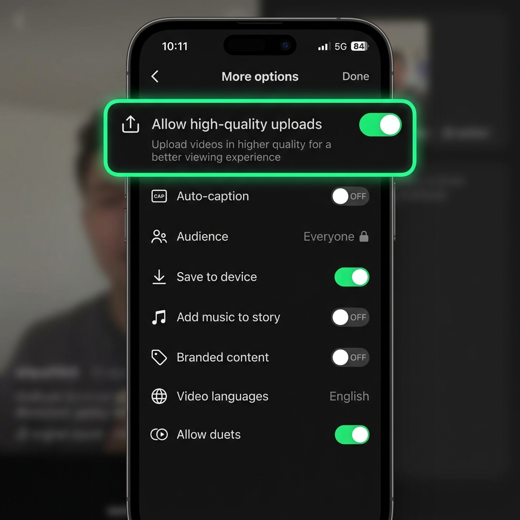 A graphic showing the "Allow high-quality uploads" toggle inside the TikTok posting menu