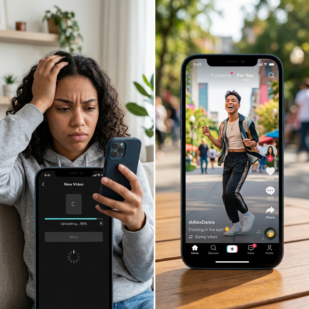 A split-screen comparison showing a stuck TikTok upload bar vs a vibrant, high-quality video playing smoothly