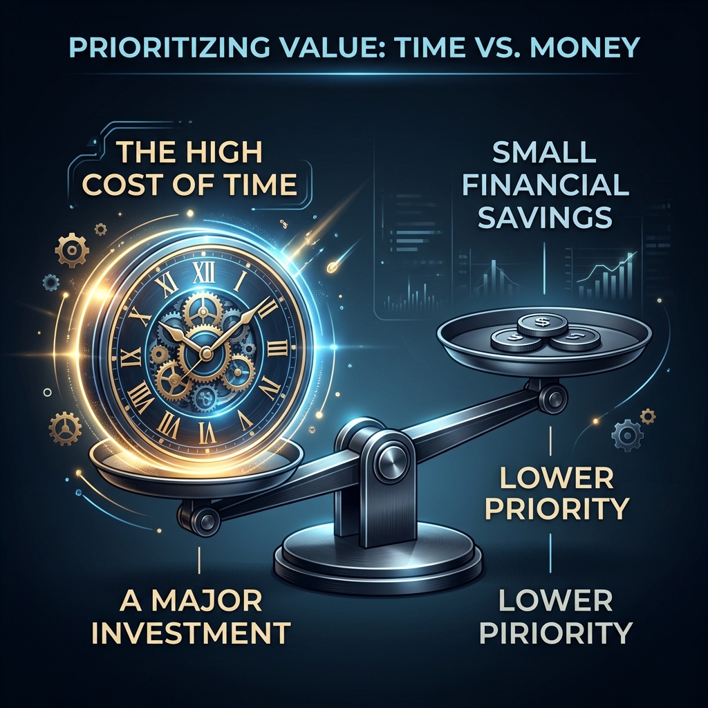 A conceptual visual of a balance scale showing time weighing much heavier than small monetary savings