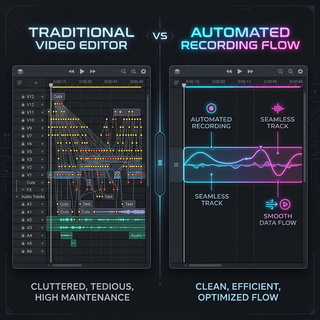 A graphic showing an overcrowded video editing timeline packed with hundreds of tedious zoom and pan keyframe nodes, contrasted against a clean, single-track automated recording flow.