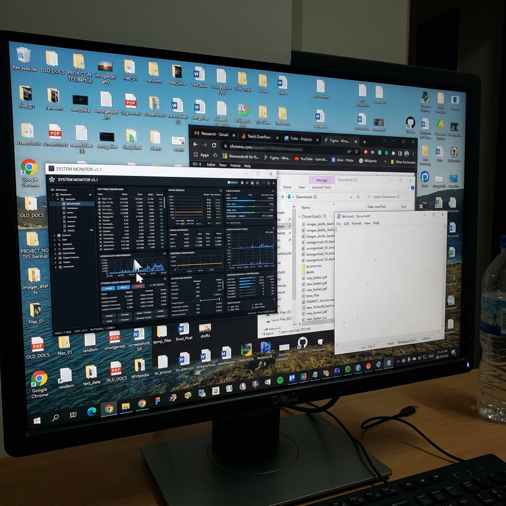 A chaotic, unpolished traditional screen recording with a cluttered desktop and tiny unreadable text