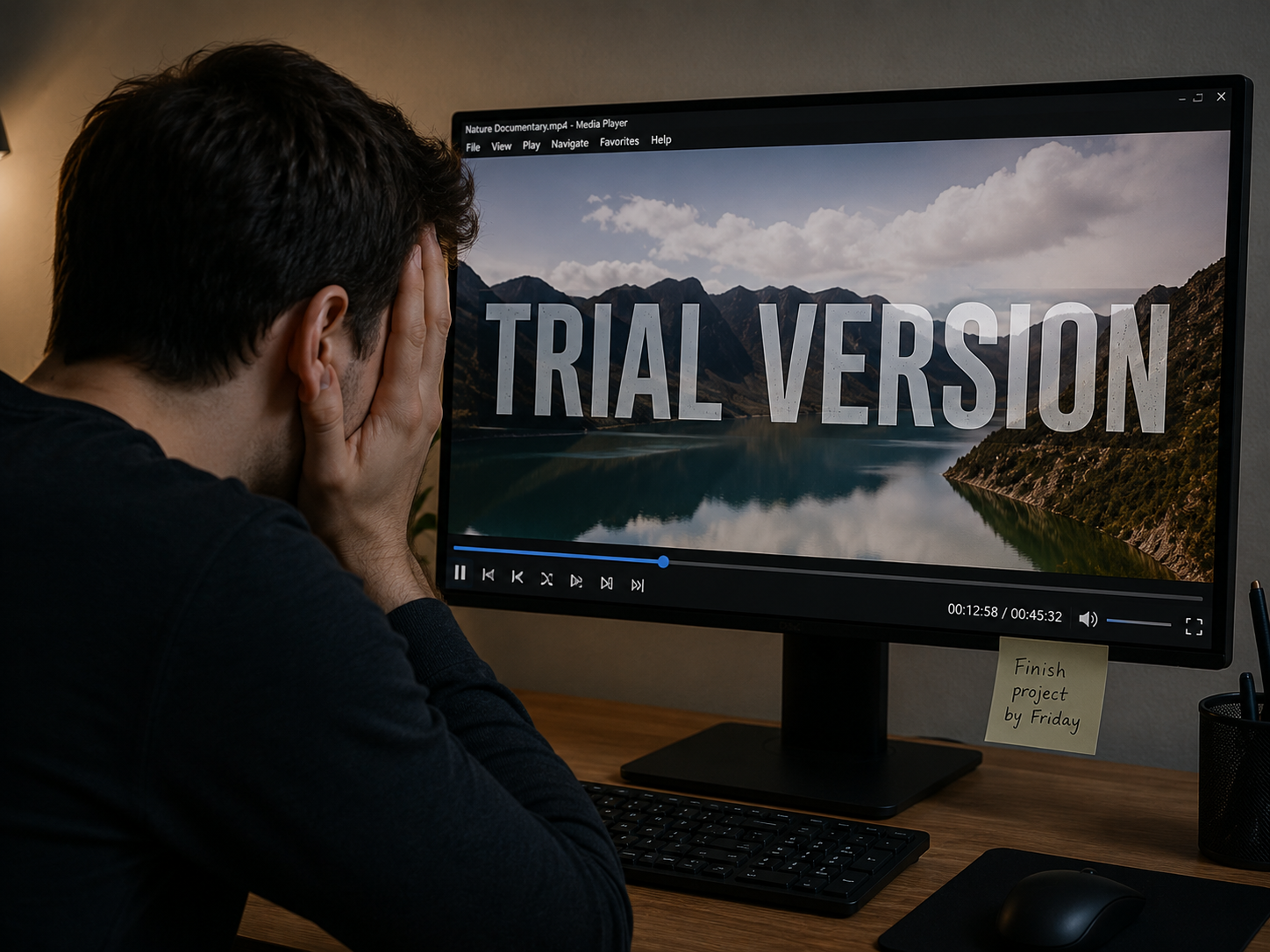 A laptop screen displaying a software window with a large watermark logo stamped across.
