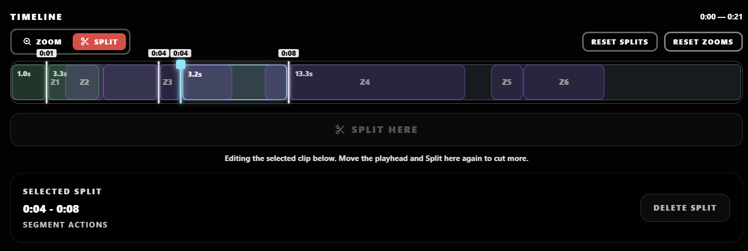 Cubix Capture cuts and splits timeline editing