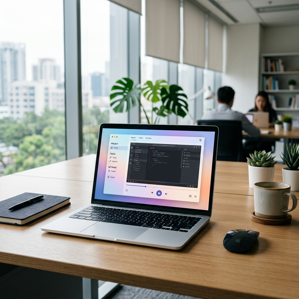 A modern, sleek workspace showing a high-quality software tutorial video playing on a laptop screen.