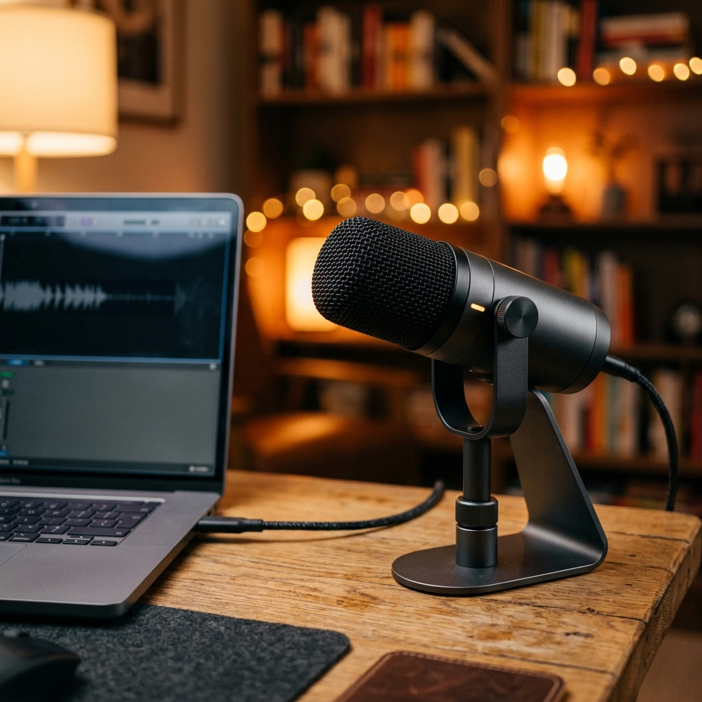 A close-up of a high-quality USB microphone sitting on a desk next to a laptop.