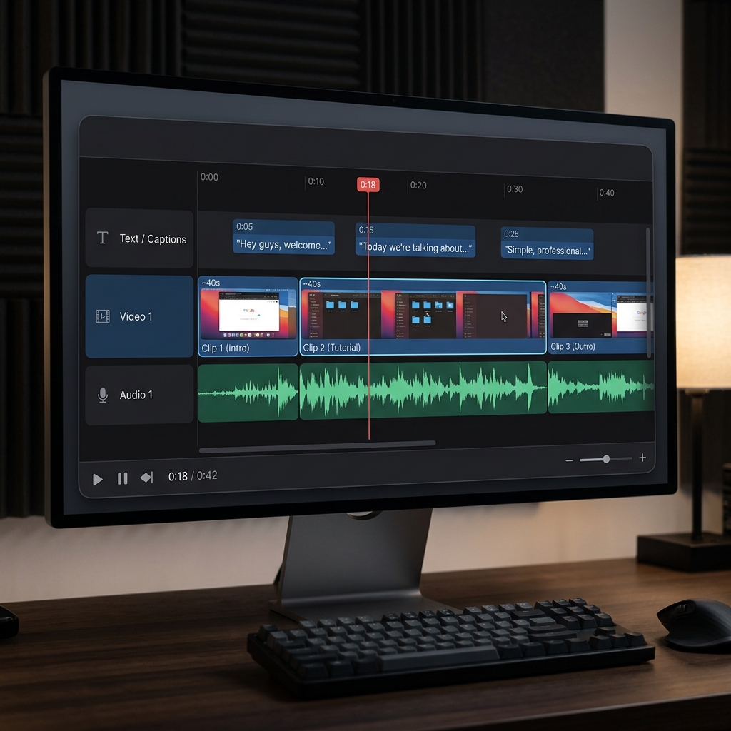 A mockup of a clean video editing timeline in CapCut showing audio, video, and auto-caption tracks