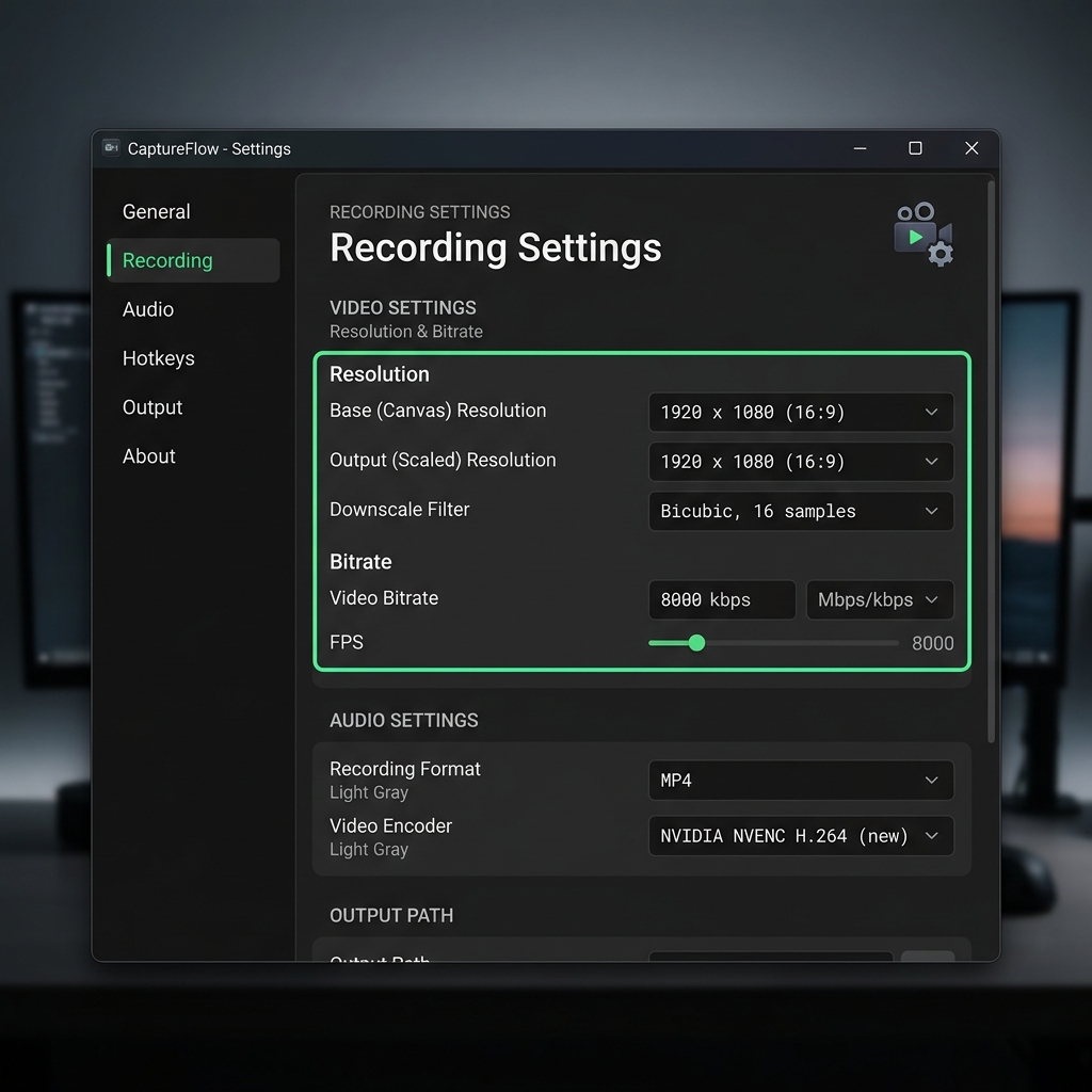 Video settings panel highlighting matched base/output resolution and higher bitrate