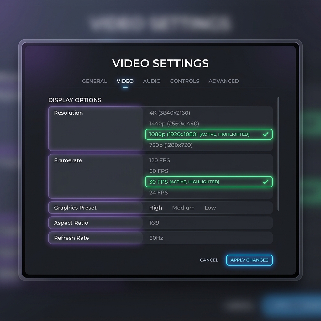 A mockup of video settings highlighting 1080p resolution and 30fps for lag-free recording
