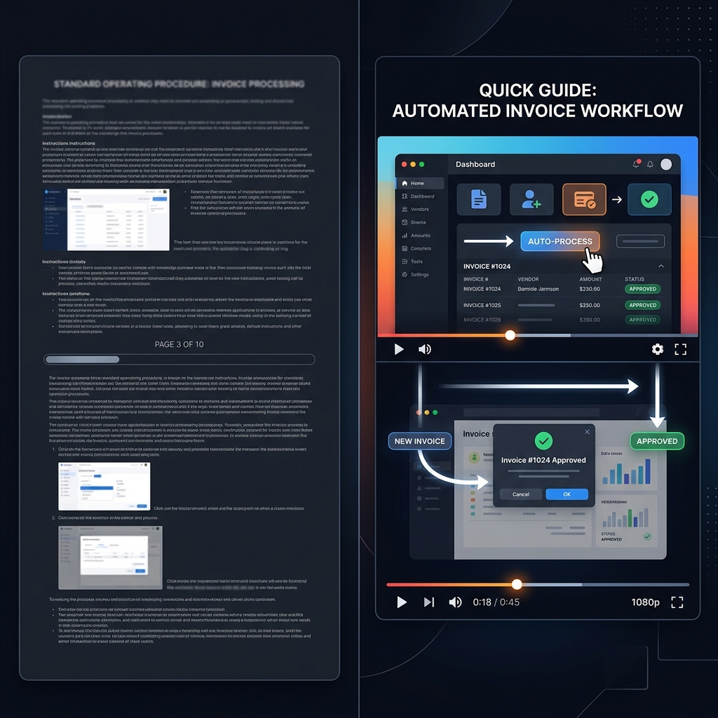A split-screen visual comparing a dense, boring text manual vs a dynamic, auto-zoomed video SOP