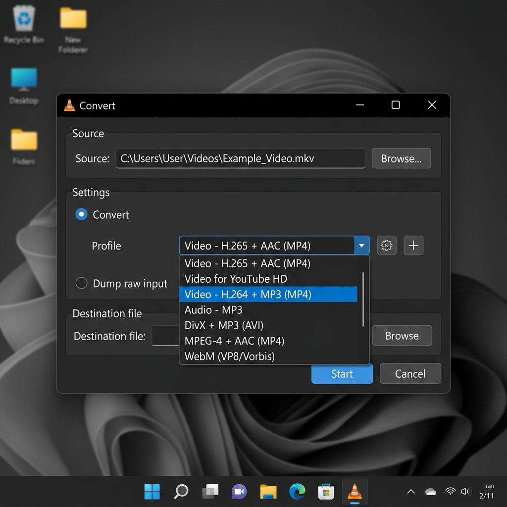 A mockup of the VLC "Convert" window with the MP4 profile highlighted for video compression
