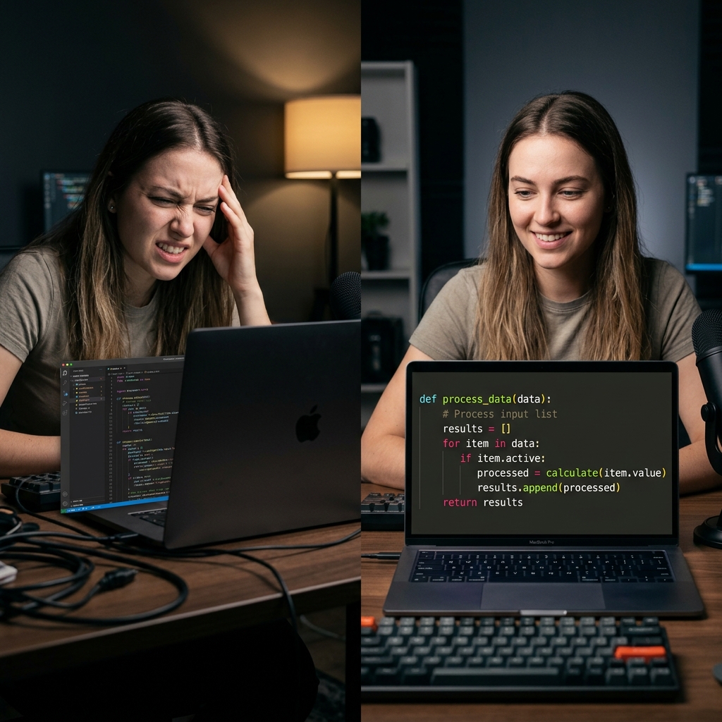 A split-screen comparison showing a frustrated viewer and a perfectly zoomed-in, readable VS Code tutorial