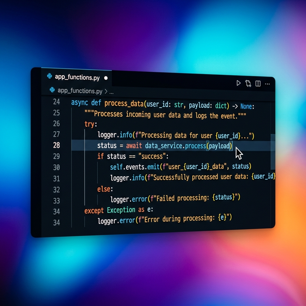 A polished studio shot of a VS Code window floating over a vibrant background, perfectly zoomed-in on readable code
