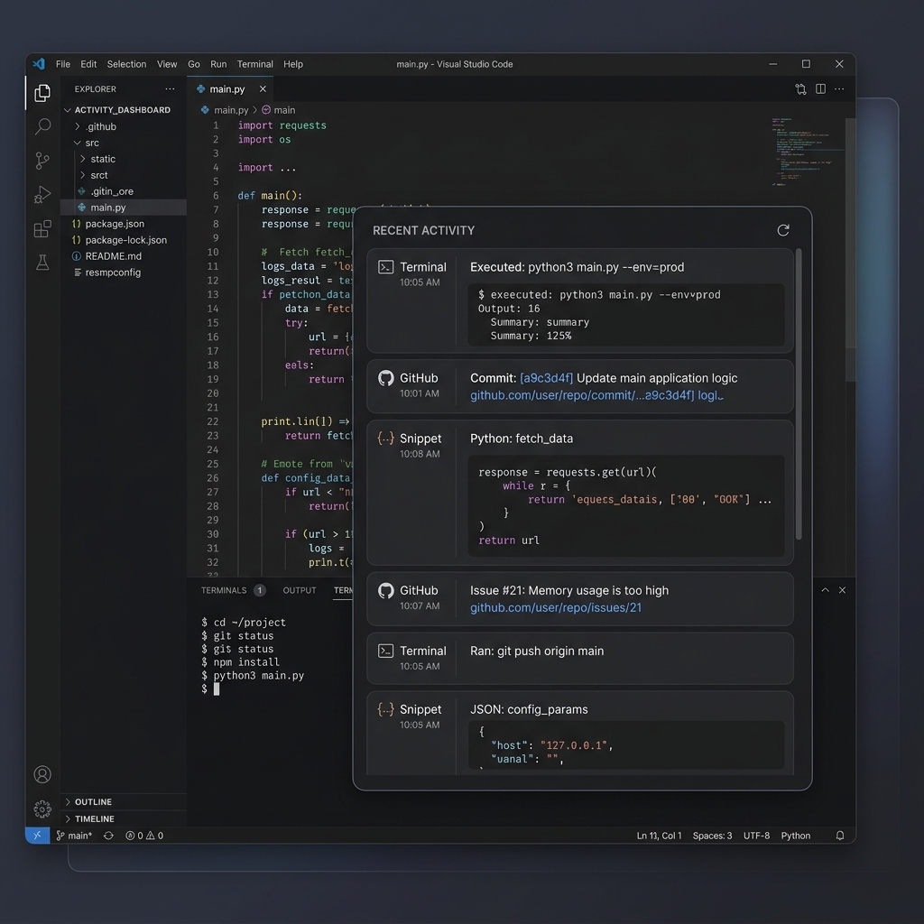 VS Code screen mockup showing a floating clipboard history overlay panel.