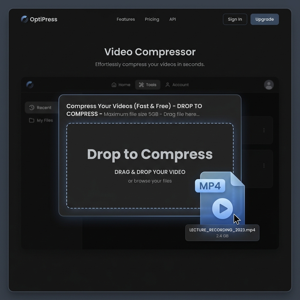 A mockup of a simple web-based video compressor interface with a file being dropped in