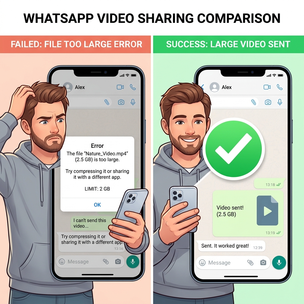 A split-screen comparison showing the WhatsApp "File too large" error vs a successfully sent video message