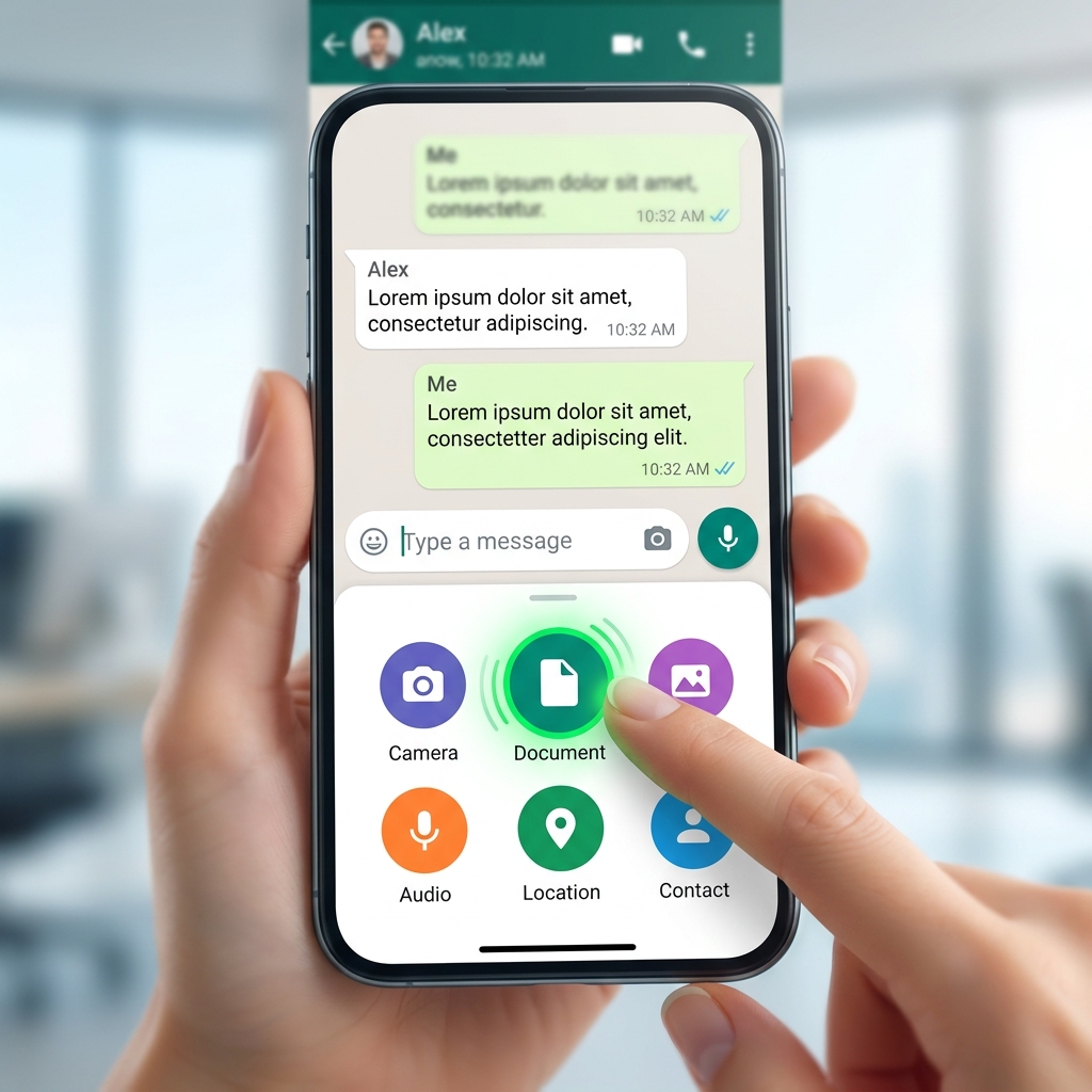 A graphic showing how to use the "Document" attachment option to send large videos on WhatsApp