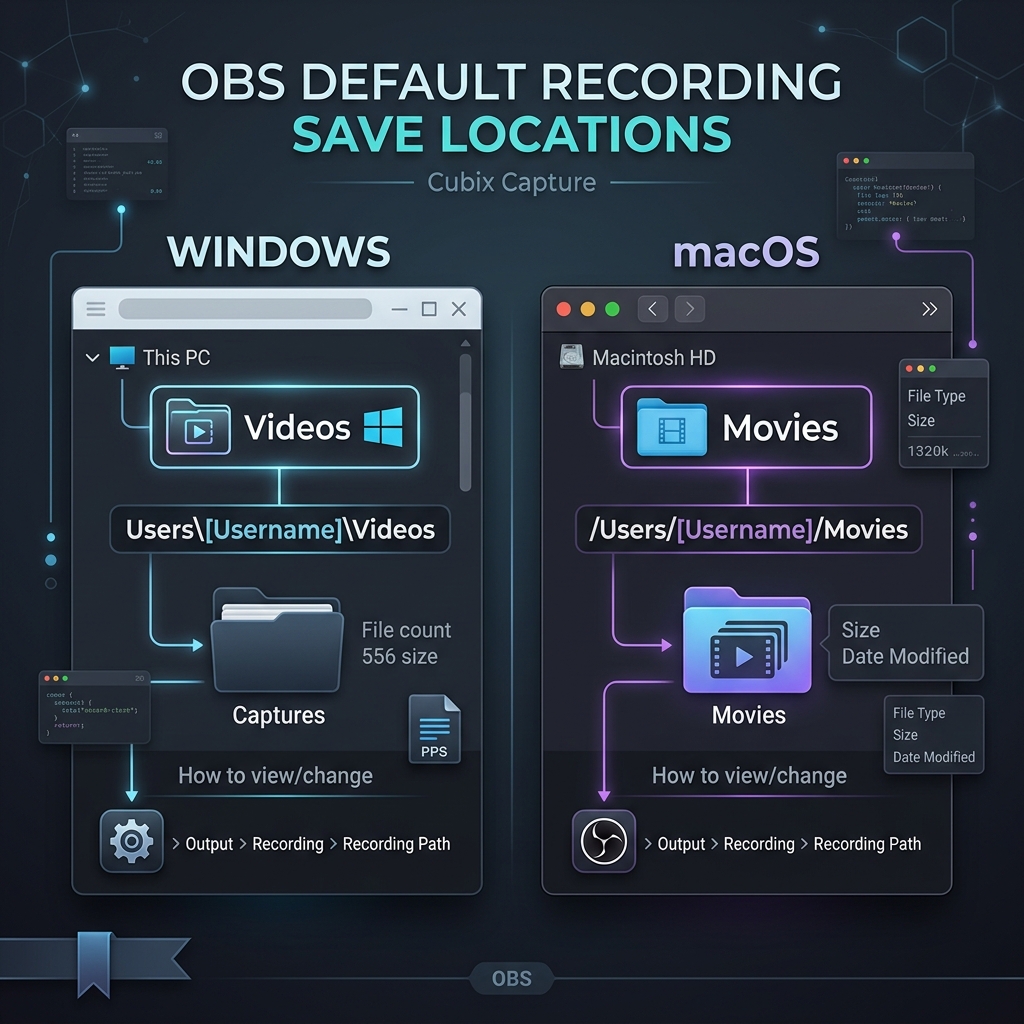 A premium dark-mode graphic showing the default file save locations of OBS recordings on Windows and Mac.