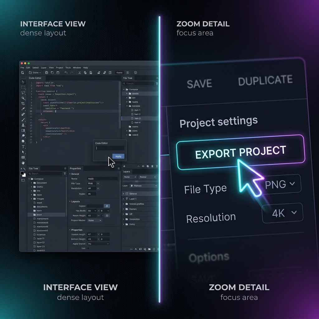 A premium dark mode graphic showing a split-screen view: on the left, a flat, cluttered software interface with a tiny cursor; on the right, a close-up, beautifully zoomed-in section focusing on a glowing cursor and clear menu item.