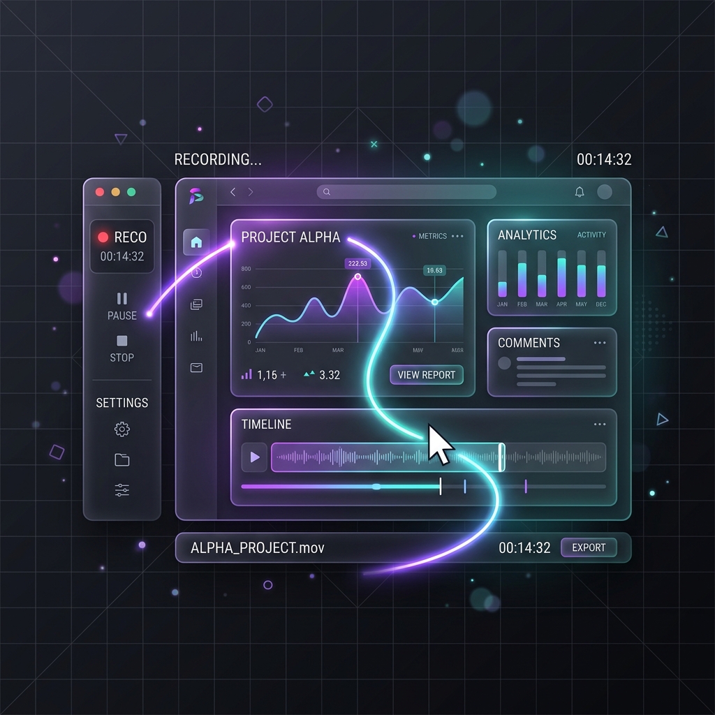 A premium dark-mode graphic showing a sleek screen recording workspace with smooth cursor path vector trail.
