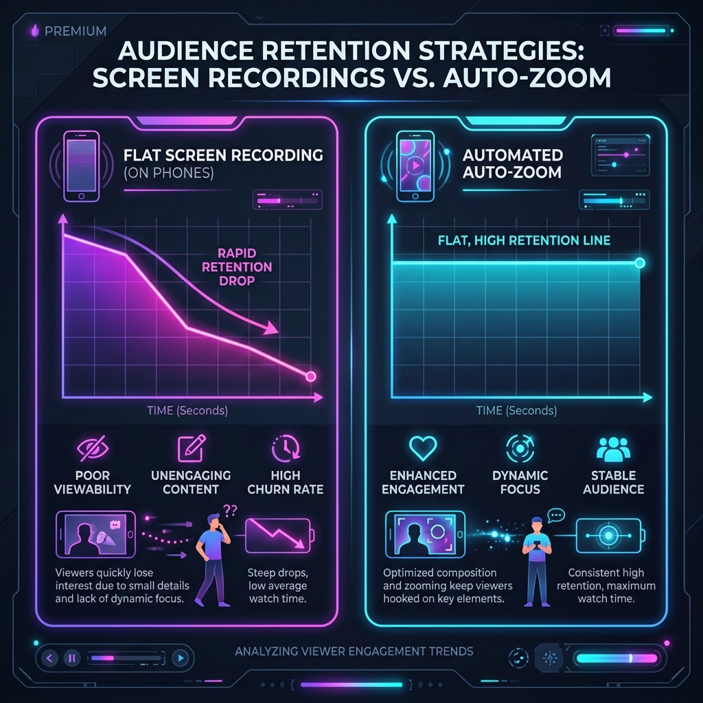 A premium dark mode infographic showing audience retention drops for flat screen recordings on phones vs. flat horizontal line for automated auto-zooms. Neon gradient graphs, sleek dark mode aesthetics.