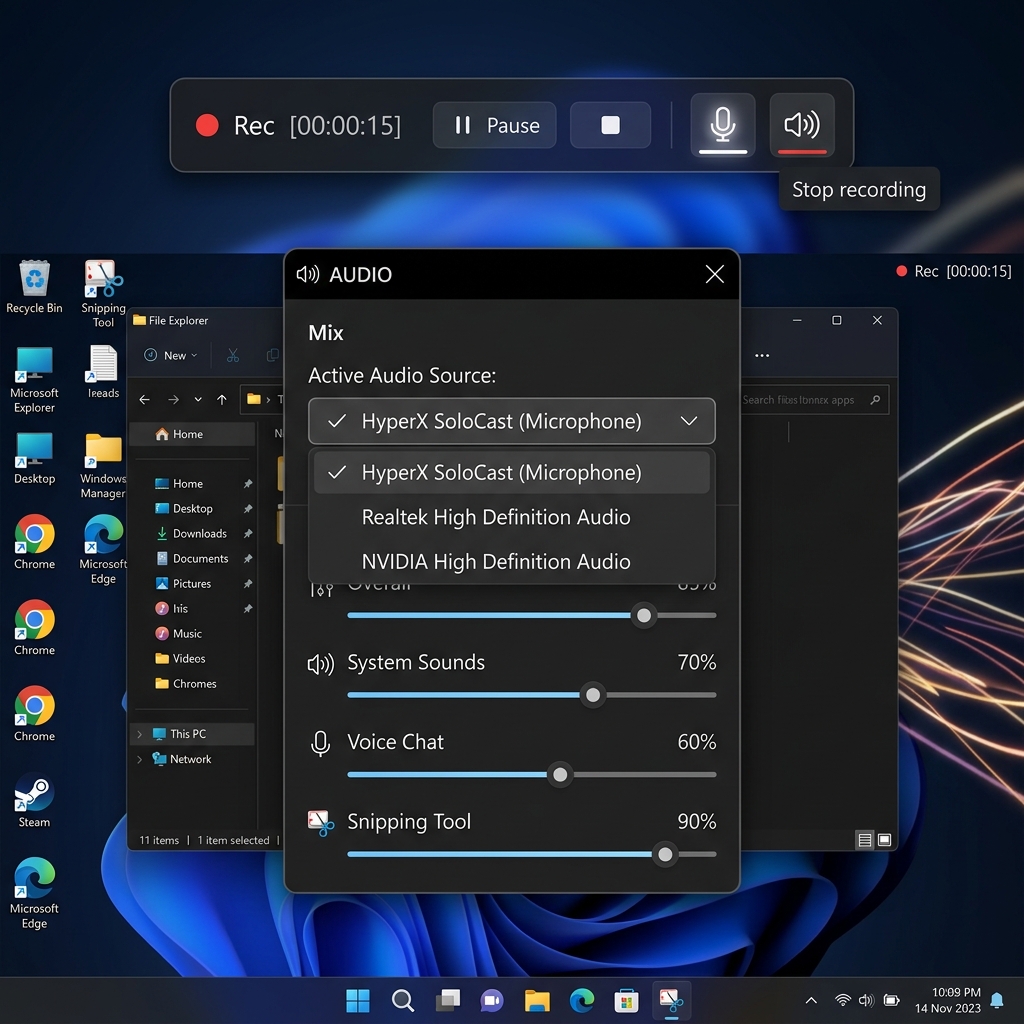 A screen recording toolbar over a Windows desktop with an audio panel showing the active audio source and separate level sliders for system sounds and voice chat.