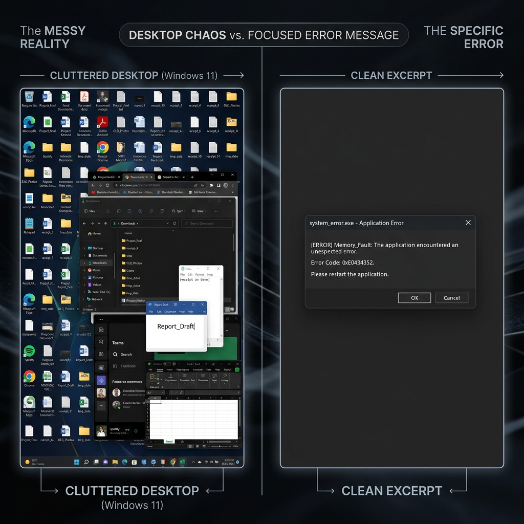 Side-by-side comparison of a cluttered Windows 11 desktop vs a clean cropped screenshot of an error box.