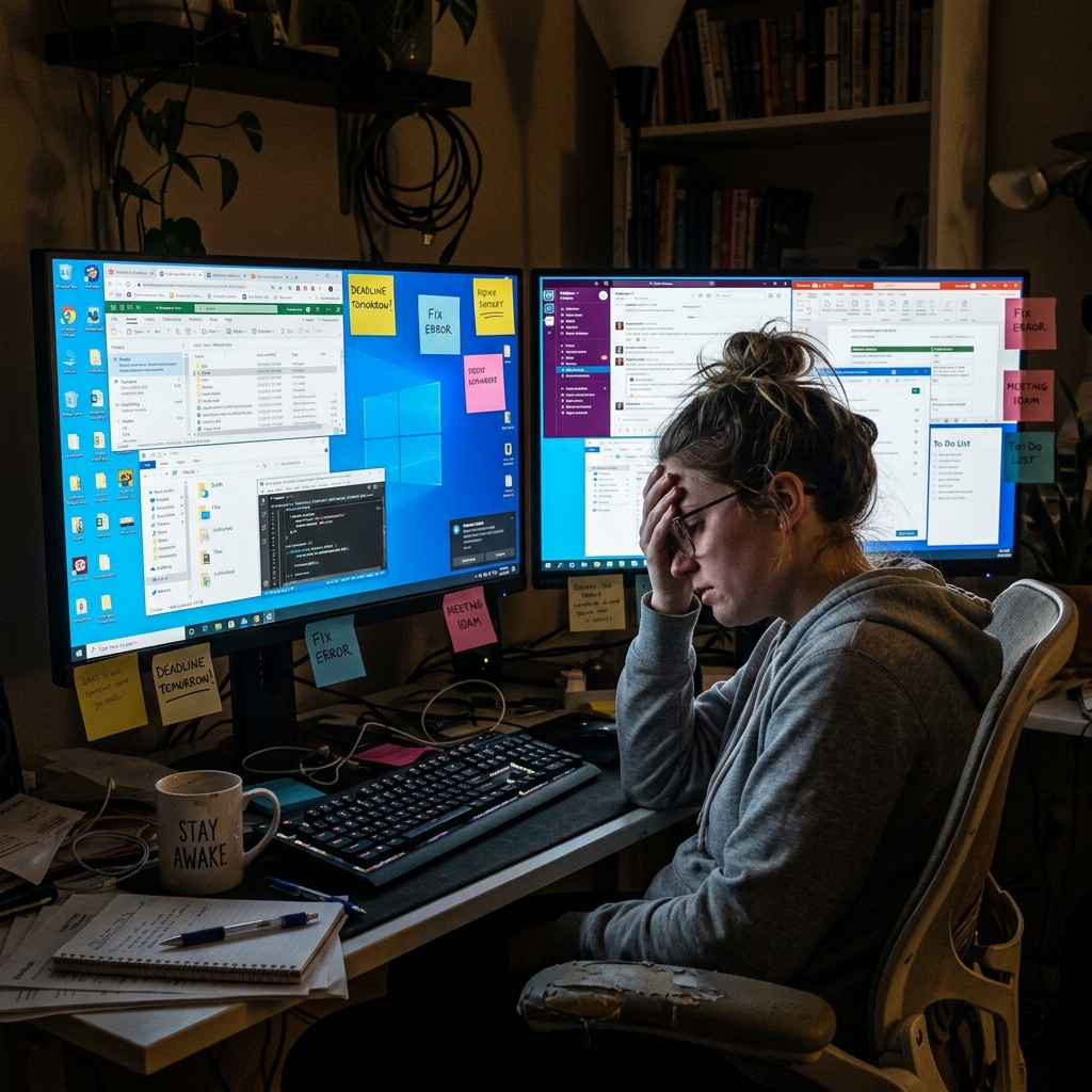 Person looking stressed while staring at a cluttered dual-monitor Windows desktop setup