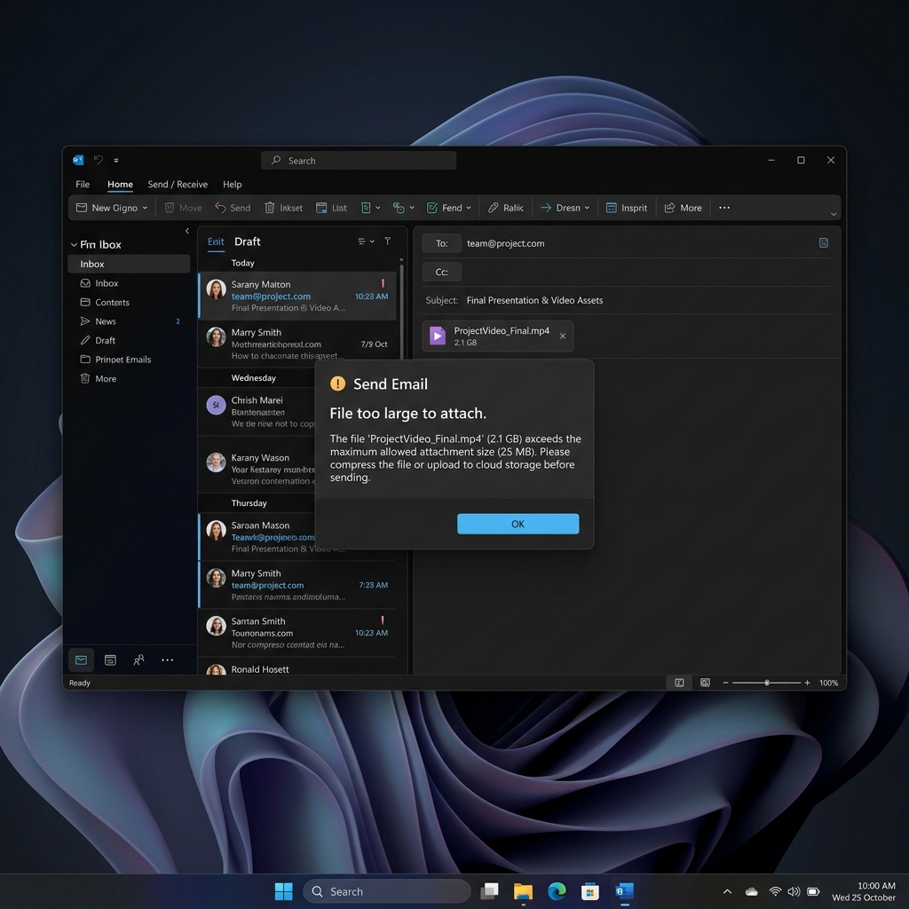A Windows 11 desktop mockup showing a "File too large" error notification while trying to send a video