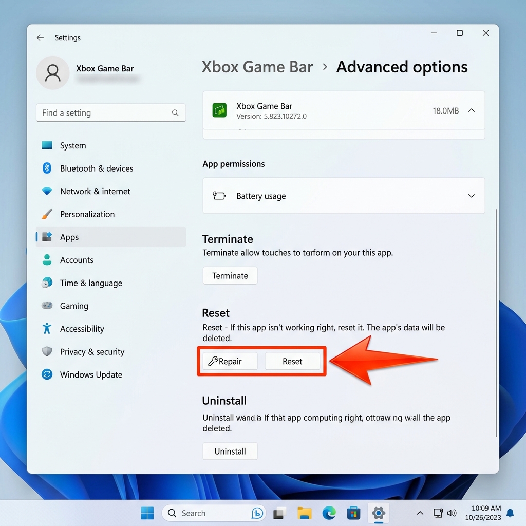 A clean screenshot of the Windows 11 Settings menu, with a bright arrow pointing directly to the "Repair" and "Reset" buttons under the Xbox Game Bar advanced options.