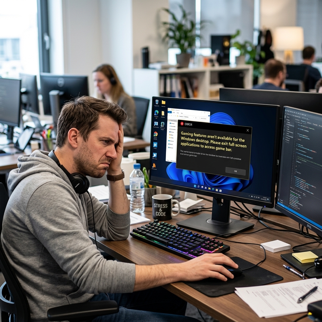 Frustrated desktop user looking at Xbox Game Bar desktop error message widget.
