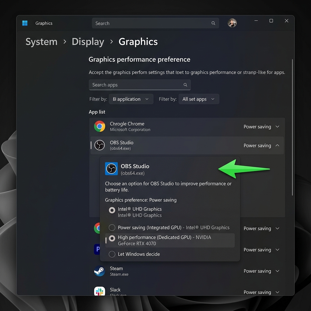 Windows graphics settings showing the per-application GPU preference used to fix OBS NVENC failures.