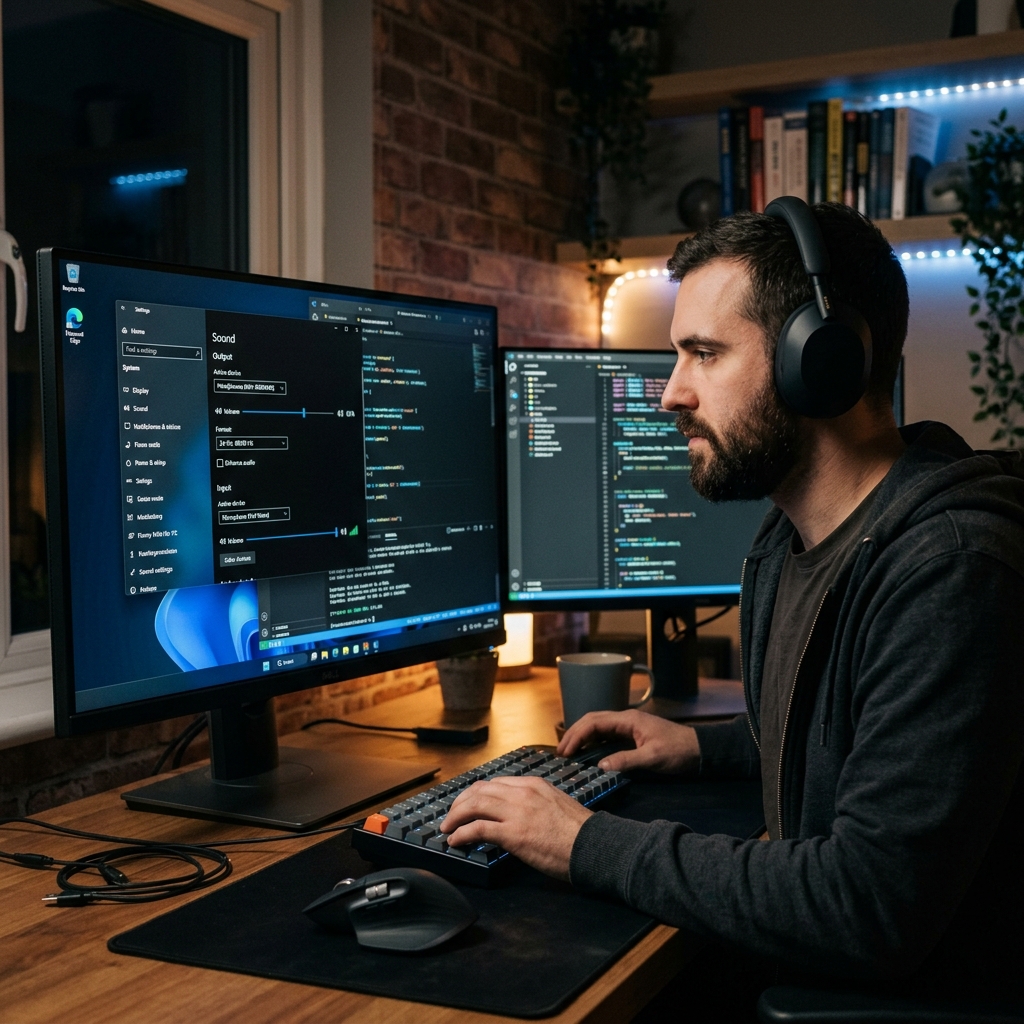 focused professional developer wearing headphones in front of a Windows desktop screen with audio settings.