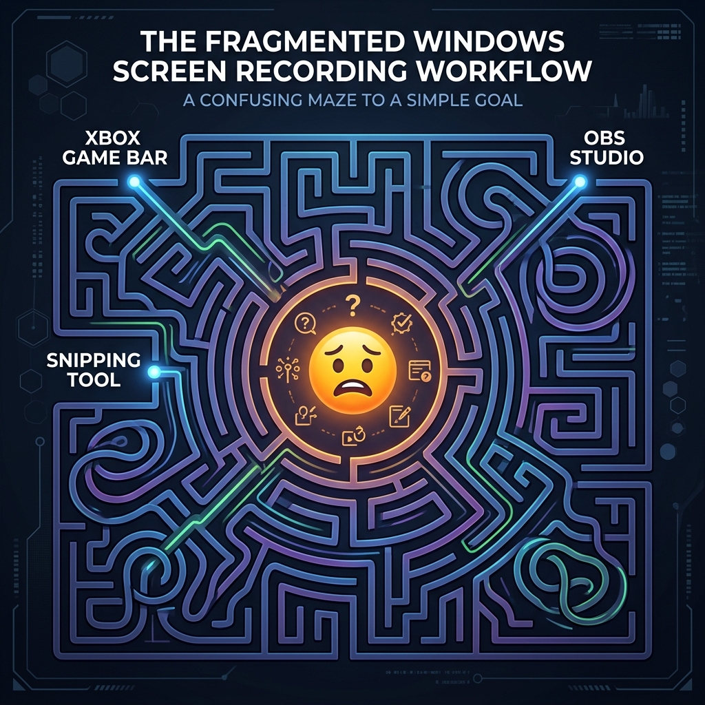 A graphic illustrating the "maze" of Windows screen recording tools leading to frustration