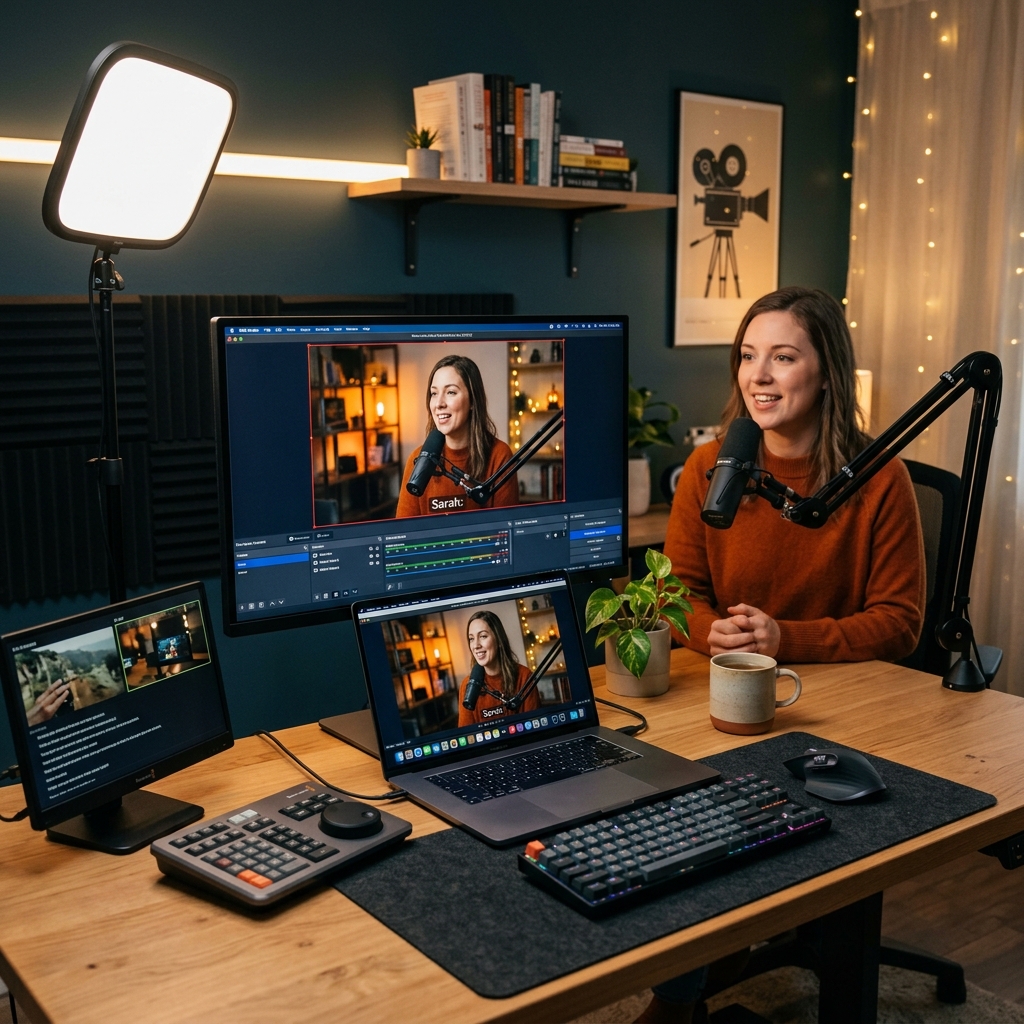 Laptop monitor displaying an active video recording setup context.